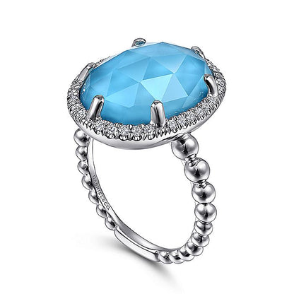 Gabriel & Co Sterling Silver White Sapphire and Rock Crystal and Turquoise Ladies Ring - Colored Stone Rings - Women's