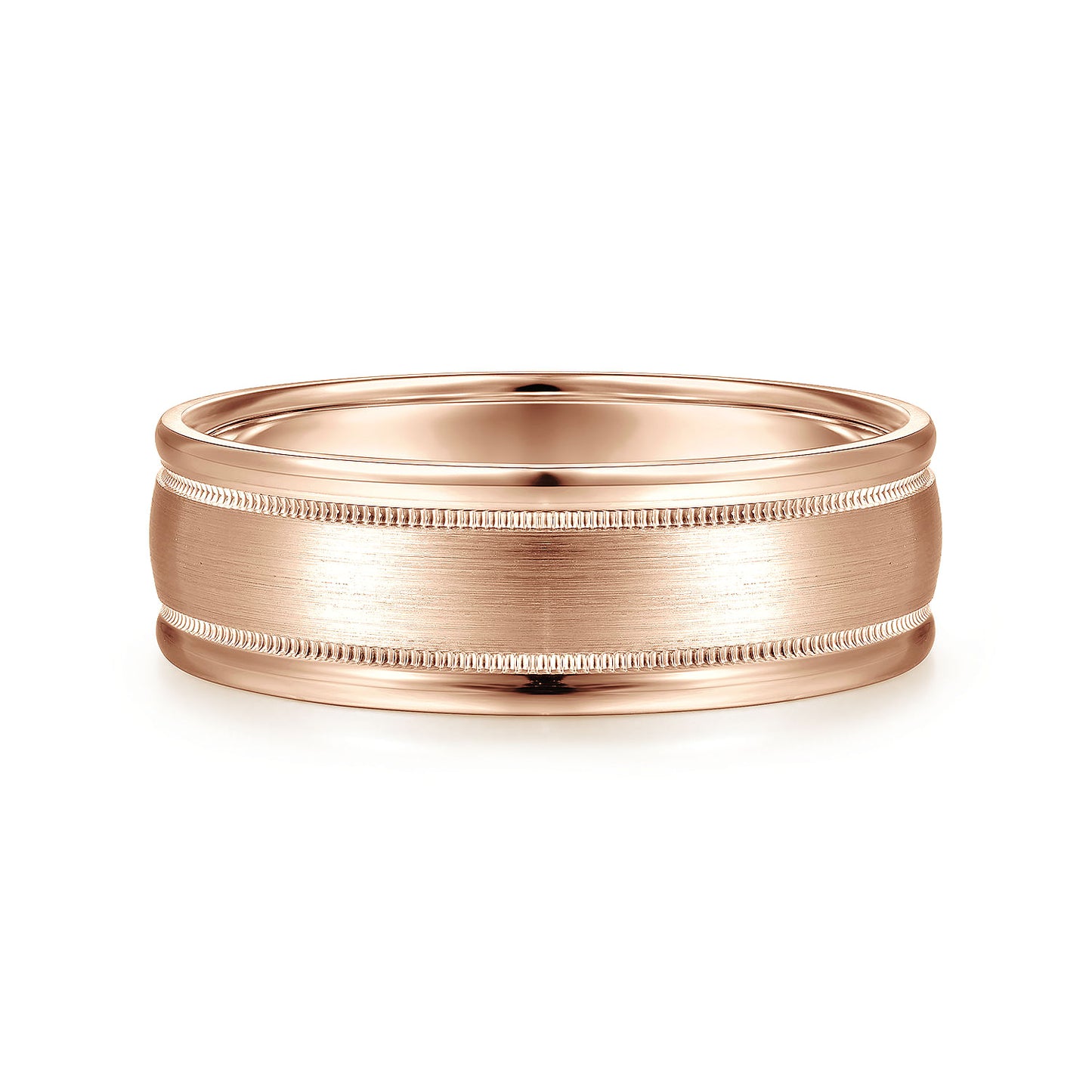 Gabriel & Co Rose Gold Wedding Band With Satin Finished Center, Milgrain Trim And Satin Finished Edges - Gold Wedding Bands - Men's