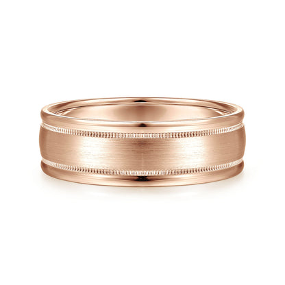 Gabriel & Co Rose Gold Wedding Band With Satin Finished Center, Milgrain Trim And Satin Finished Edges - Gold Wedding Bands - Men's