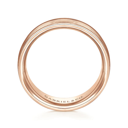 Gabriel & Co Rose Gold Wedding Band With Satin Finished Center, Milgrain Trim And Satin Finished Edges - Gold Wedding Bands - Men's