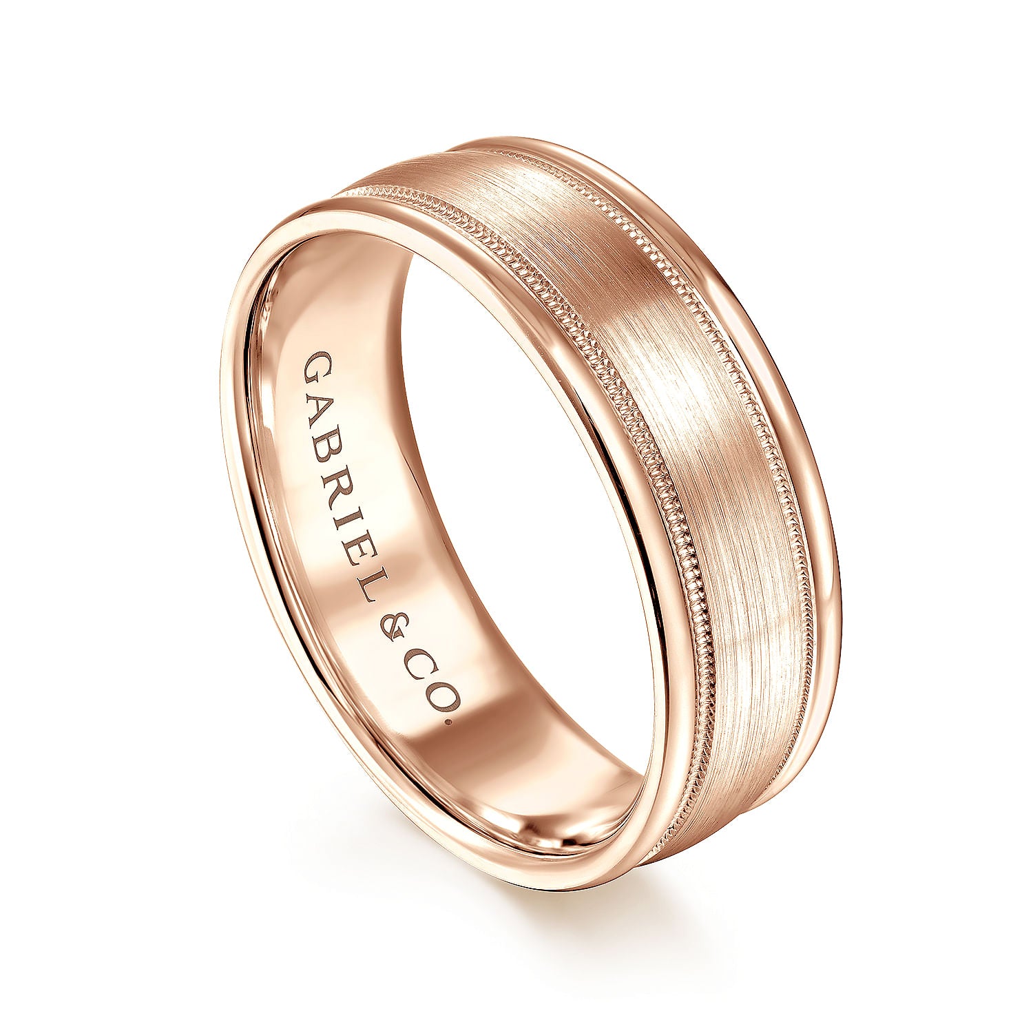 Gabriel & Co Rose Gold Wedding Band With Satin Finished Center, Milgrain Trim And Satin Finished Edges - Gold Wedding Bands - Men's