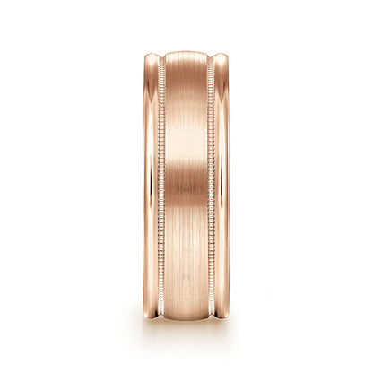 Gabriel & Co Rose Gold Wedding Band With Satin Finished Center, Milgrain Trim And Satin Finished Edges - Gold Wedding Bands - Men's