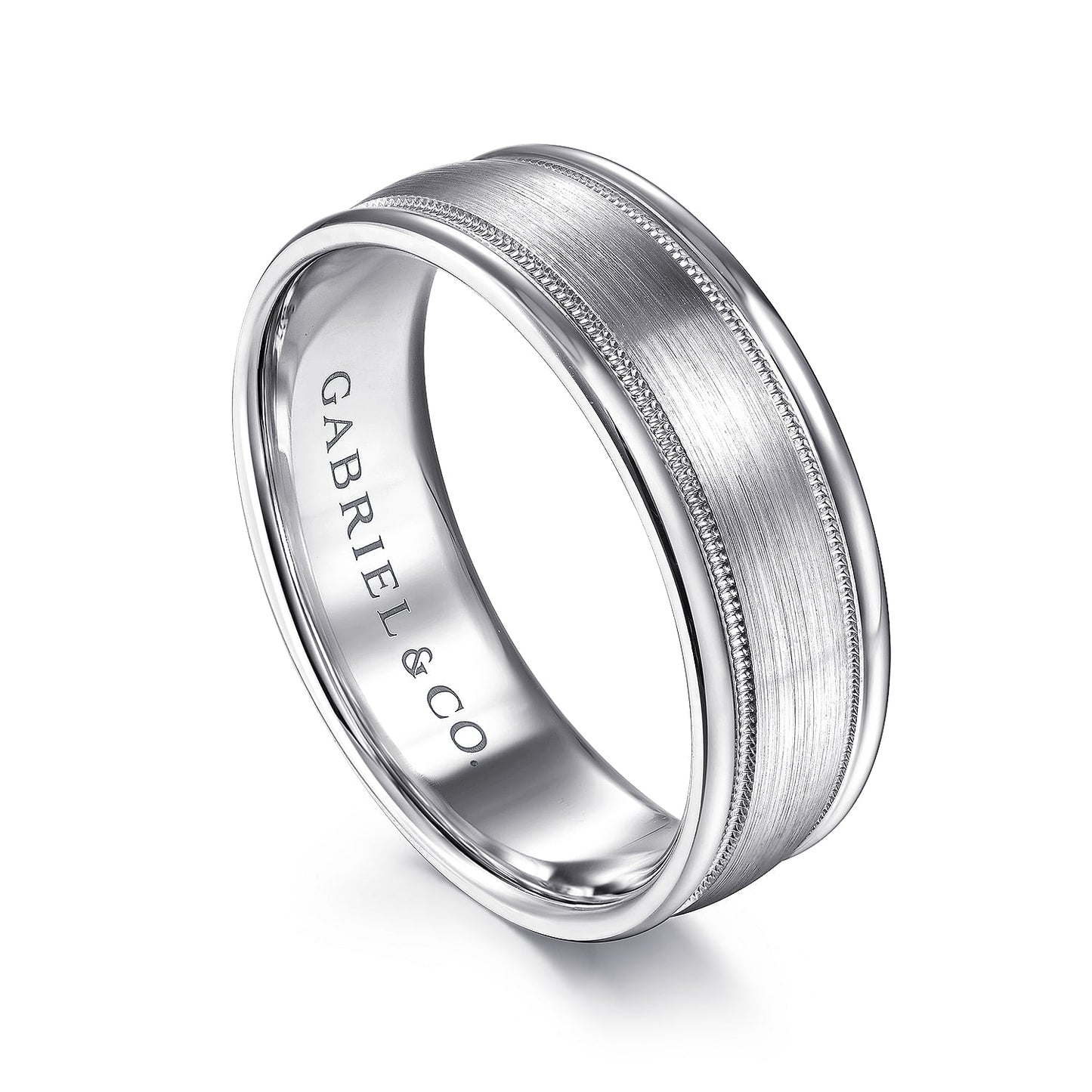 Gabriel & Co White Gold Wedding Band With Satin Finished Center, Milgrain Trim And Satin Finished Edges - Gold Wedding Bands - Men's