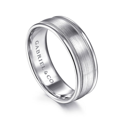 Gabriel & Co White Gold Wedding Band With Satin Finished Center, Milgrain Trim And Satin Finished Edges - Gold Wedding Bands - Men's