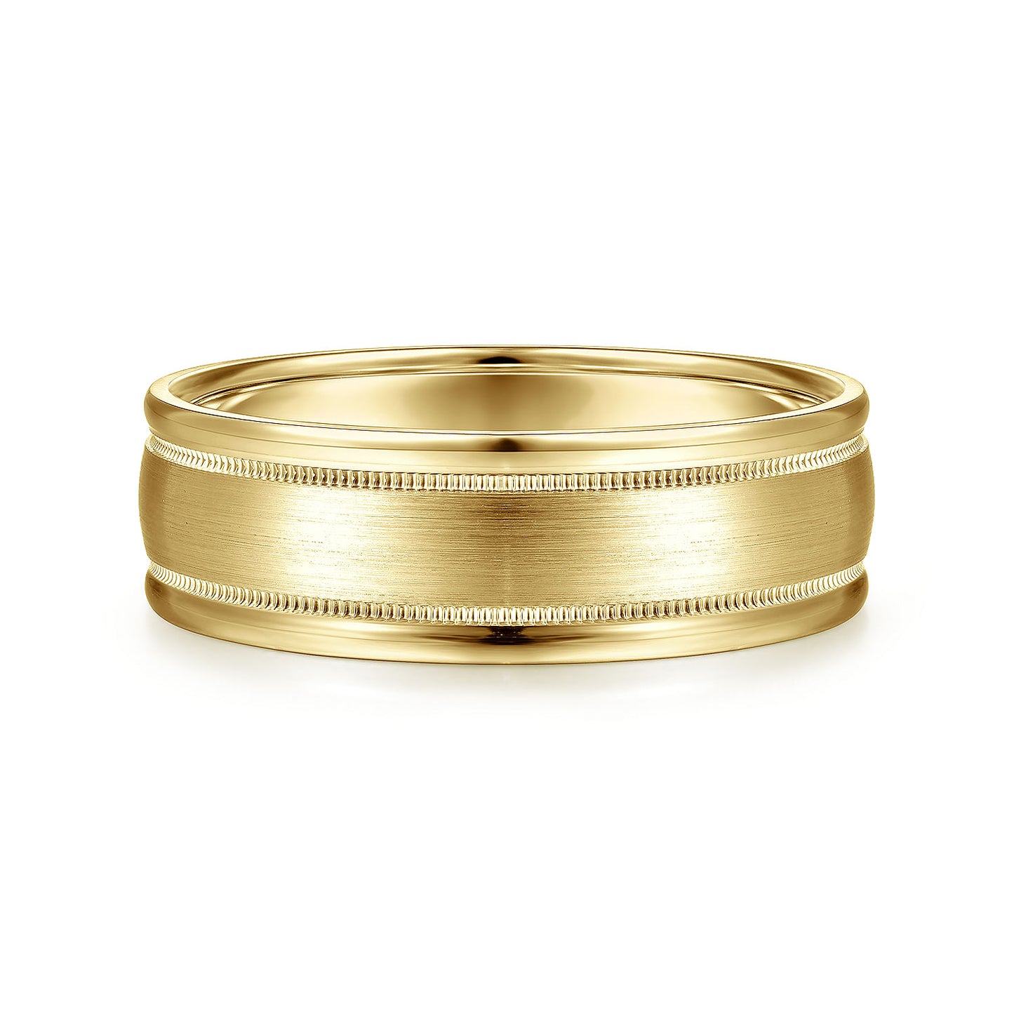 Gabriel & Co Yellow Gold Wedding Band With Satin Finished Center, Milgrain Trim And Satin Finished Edges - Gold Wedding Bands - Men's