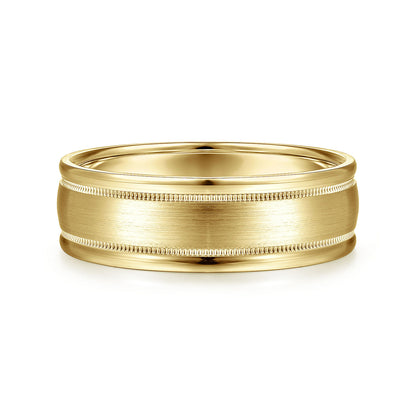 Gabriel & Co Yellow Gold Wedding Band With Satin Finished Center, Milgrain Trim And Satin Finished Edges - Gold Wedding Bands - Men's