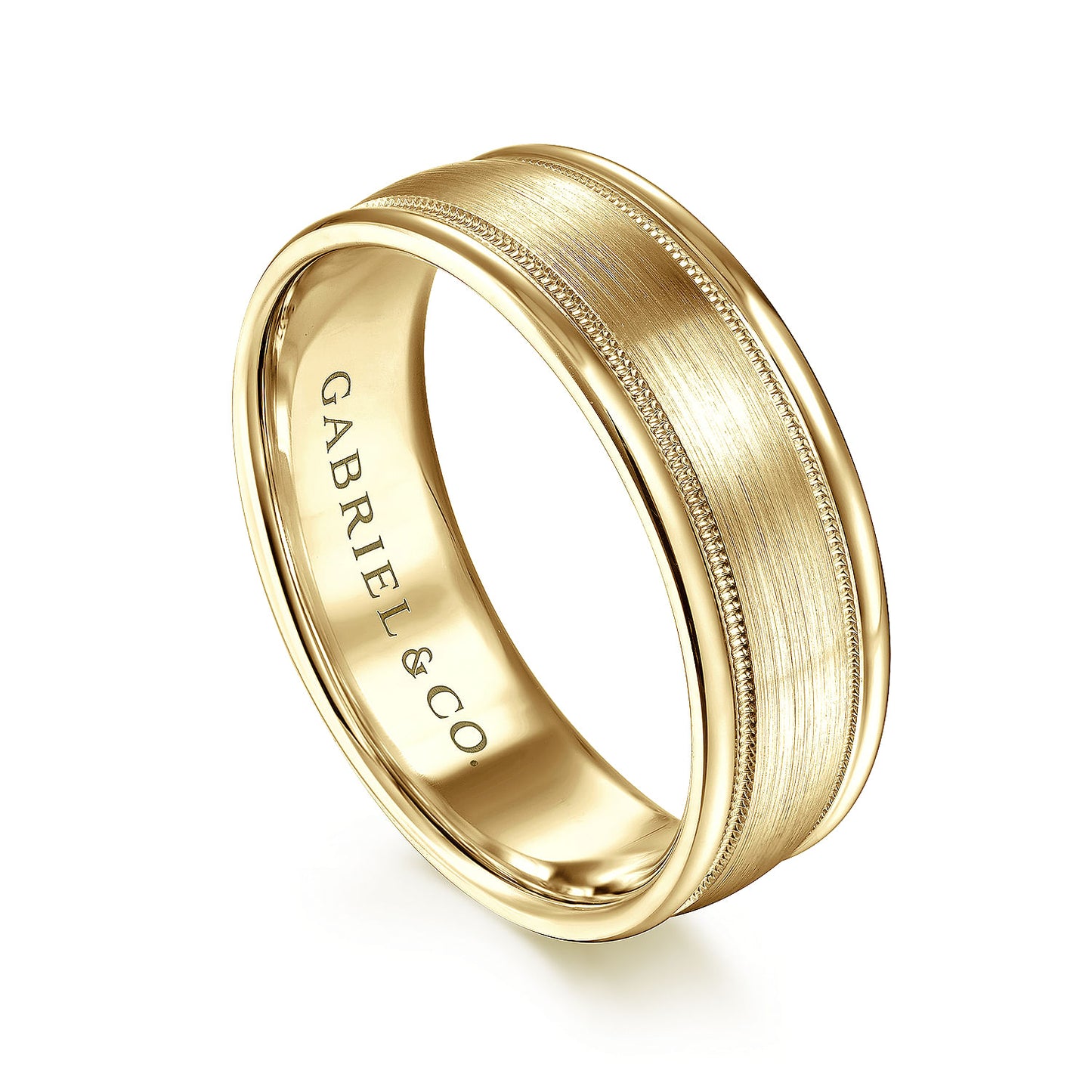 Gabriel & Co Yellow Gold Wedding Band With Satin Finished Center, Milgrain Trim And Satin Finished Edges - Gold Wedding Bands - Men's