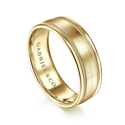 Gabriel & Co Yellow Gold Wedding Band With Satin Finished Center, Milgrain Trim And Satin Finished Edges - Gold Wedding Bands - Men's