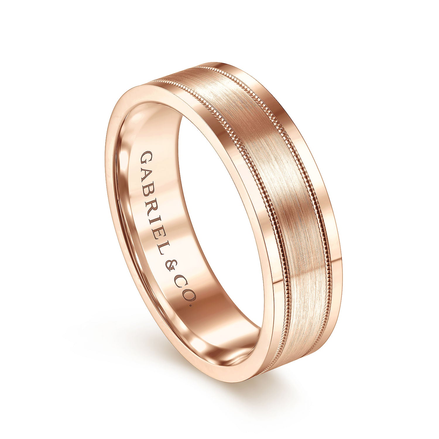 Gabriel & Co Rose Gold Wedding Band With A Satin Finished Center, Milgrain Trim And Polished Edges - Gold Wedding Bands - Men's