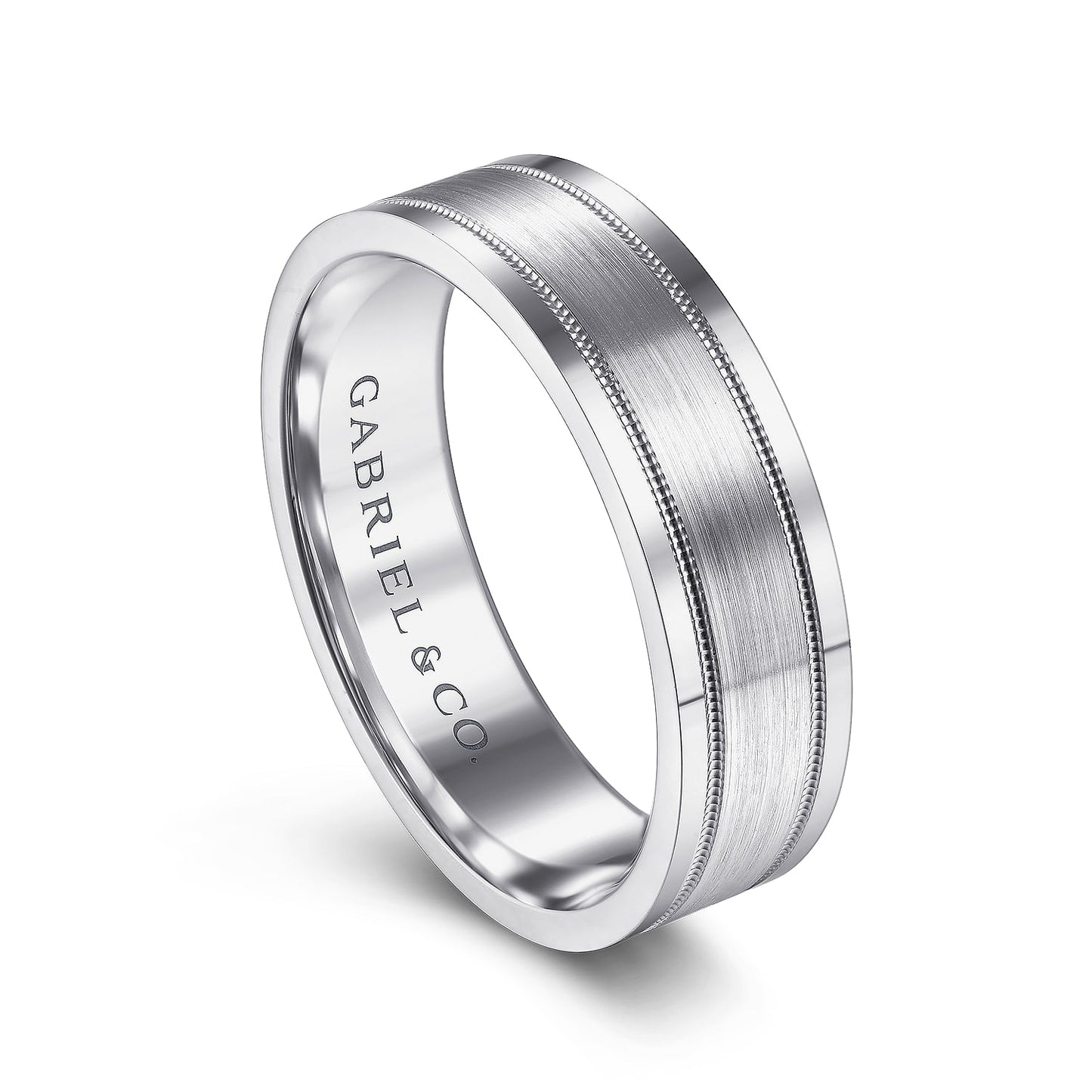 Gabriel & Co White Gold Wedding Band With A Satin Finished Center, Milgrain Trim And Polished Edges - Gold Wedding Bands - Men's