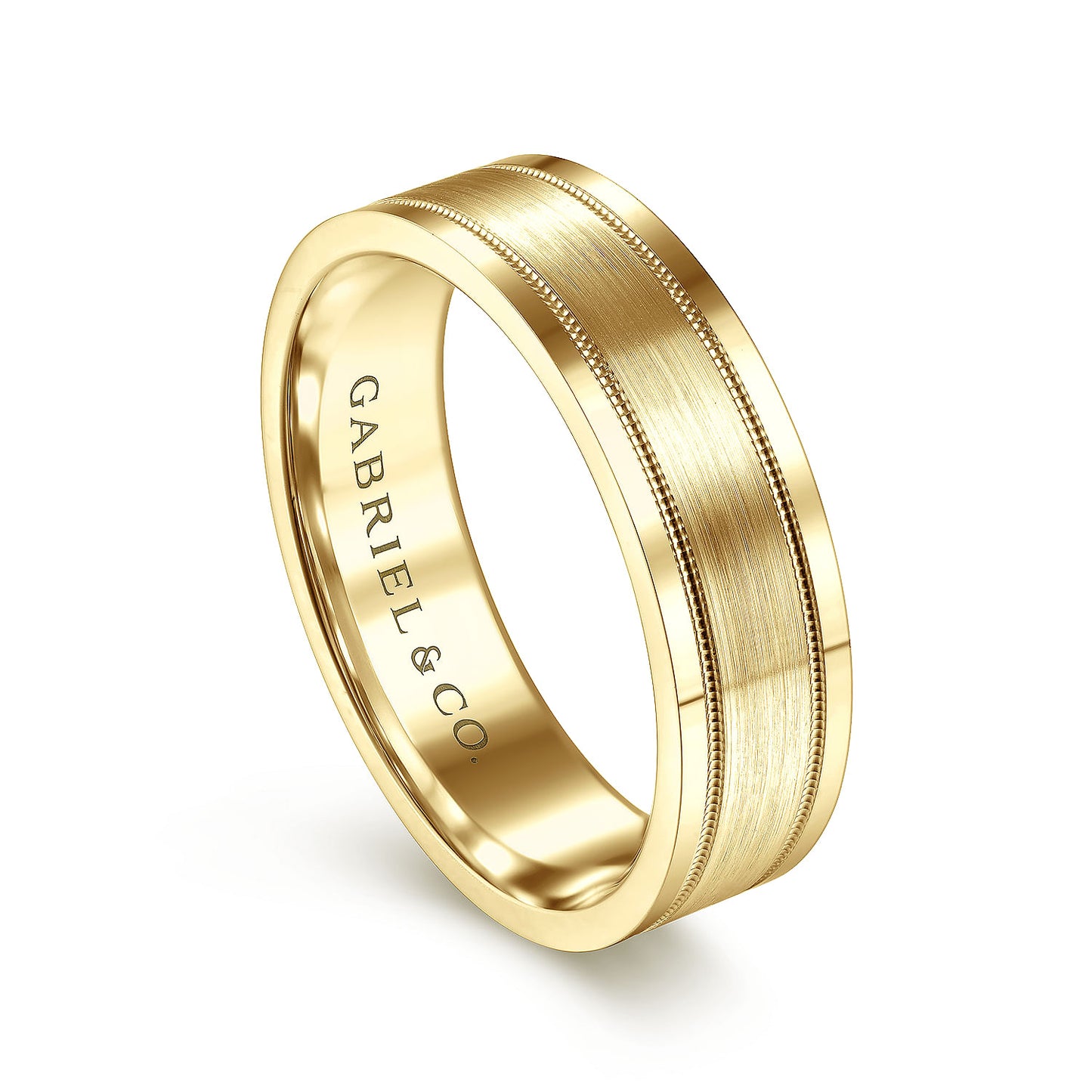 Gabriel & Co Yellow Gold Wedding Band With A Satin Finished Center, Milgrain Trim And Polished Edges - Gold Wedding Bands - Men's