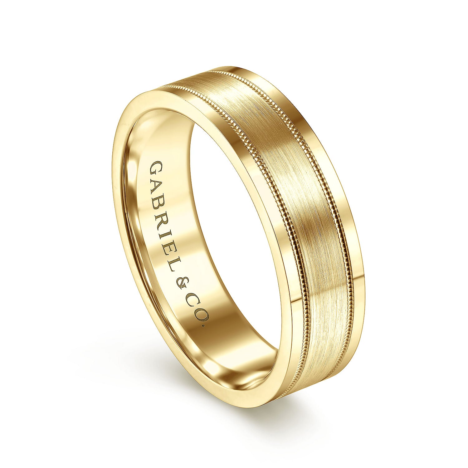 Gabriel & Co Yellow Gold Wedding Band With A Satin Finished Center, Milgrain Trim And Polished Edges - Gold Wedding Bands - Men's