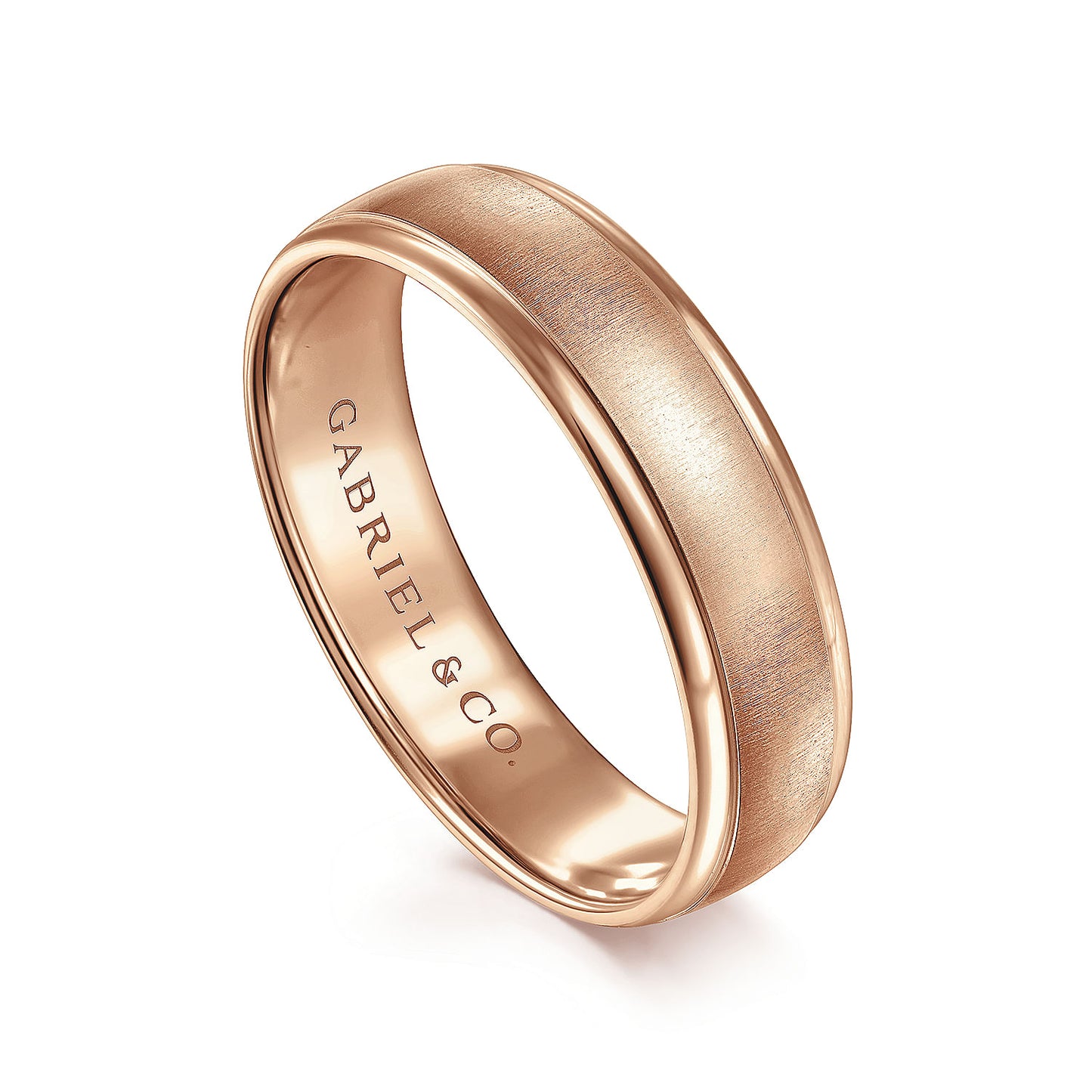 Gabriel & Co Rose Gold Wedding Band With A Sandblast Center And Rounded Polished Edges - Gold Wedding Bands - Men's