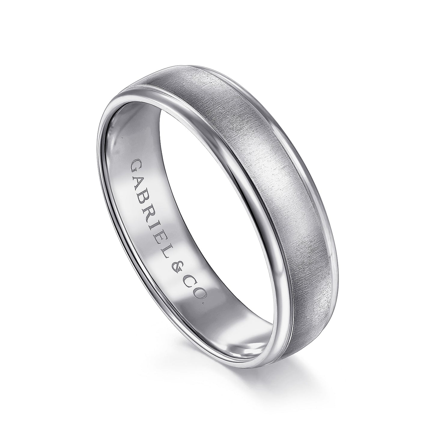 Gabriel & Co White Gold Wedding Band With A Sandblast Center And Rounded Polished Edges - Gold Wedding Bands - Men's