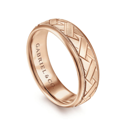 Gabriel & Co Rose Gold Wedding Band With Engraved Woven Pattern Center, Milgrain Trim And Polished Edges - Gold Wedding Bands - Men's