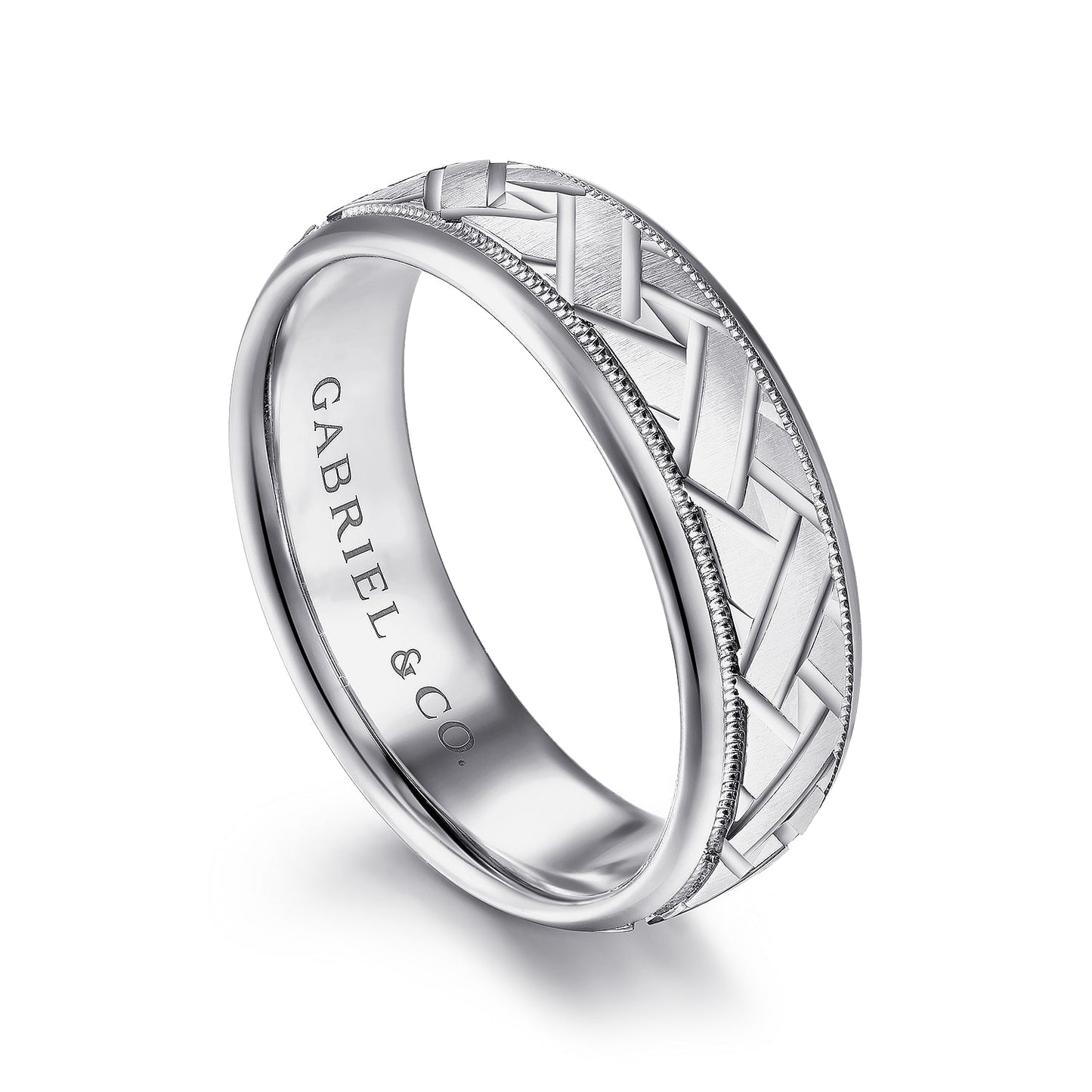 Gabriel & Co White Gold Wedding Band With Engraved Woven Pattern Center, Milgrain Trim And Polished Edges - Gold Wedding Bands - Men's