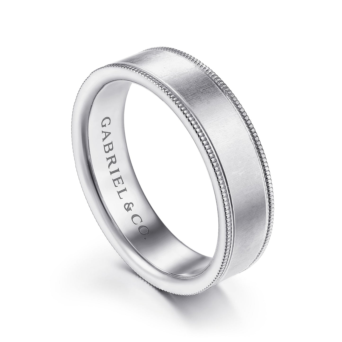 Gabriel & Co White Gold Wedding Band With A Satin Finished Center And Milgrain Edges - Gold Wedding Bands - Men's