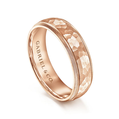 Gabriel & Co Rose Gold Wedding Band With A Hammered Finished Center And A Diamond Cut Edge - Gold Wedding Bands - Men's