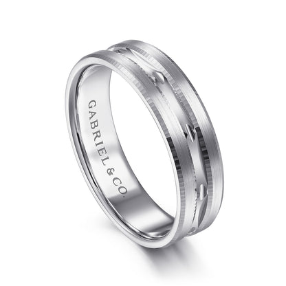 Gabriel & Co White Gold Wedding Band With Diamond Cut Design Center And A Satin Finish - Gold Wedding Bands - Men's