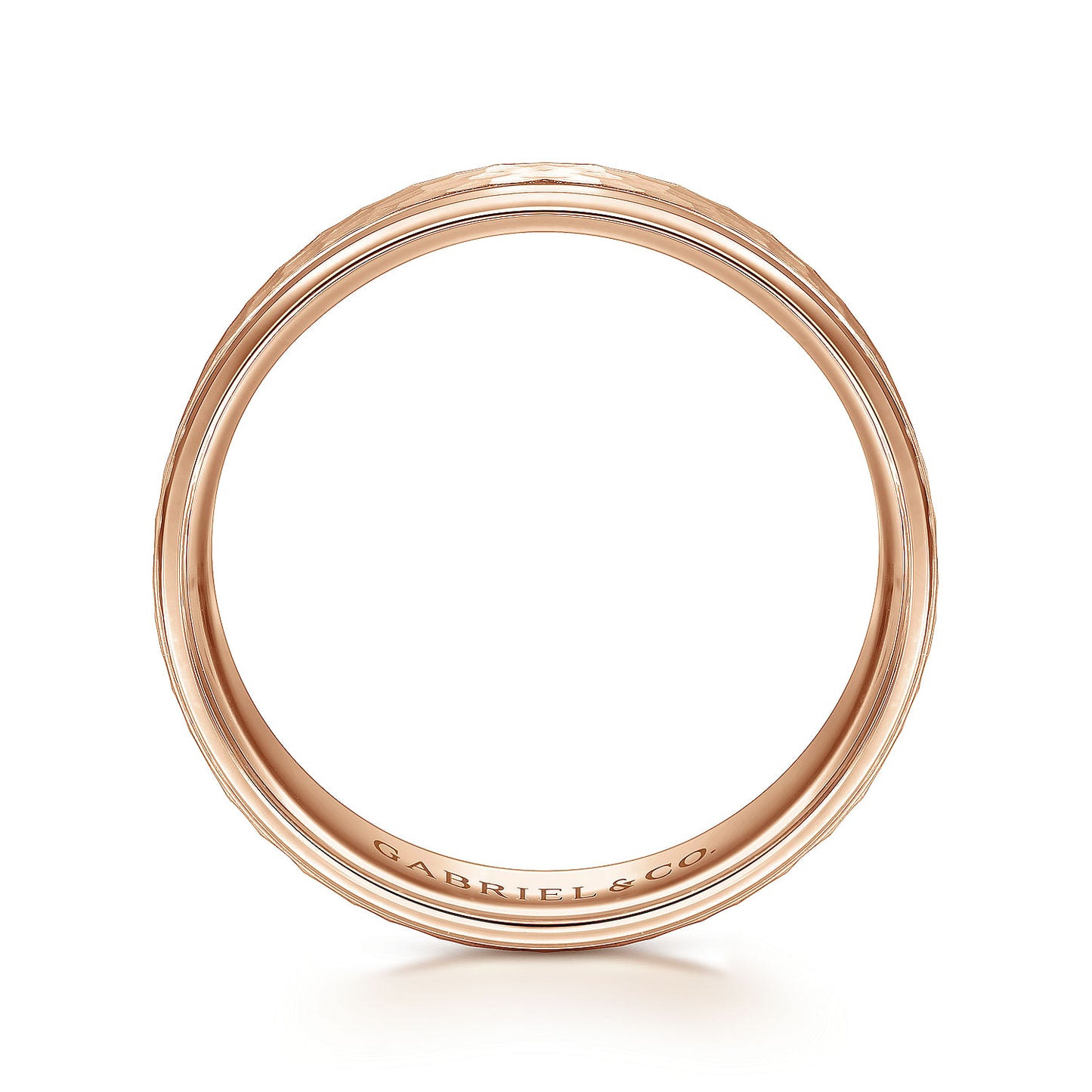 Gabriel & Co Rose Gold Wedding Band With A Hammered Finished Center And A Polished Edge - Gold Wedding Bands - Men's