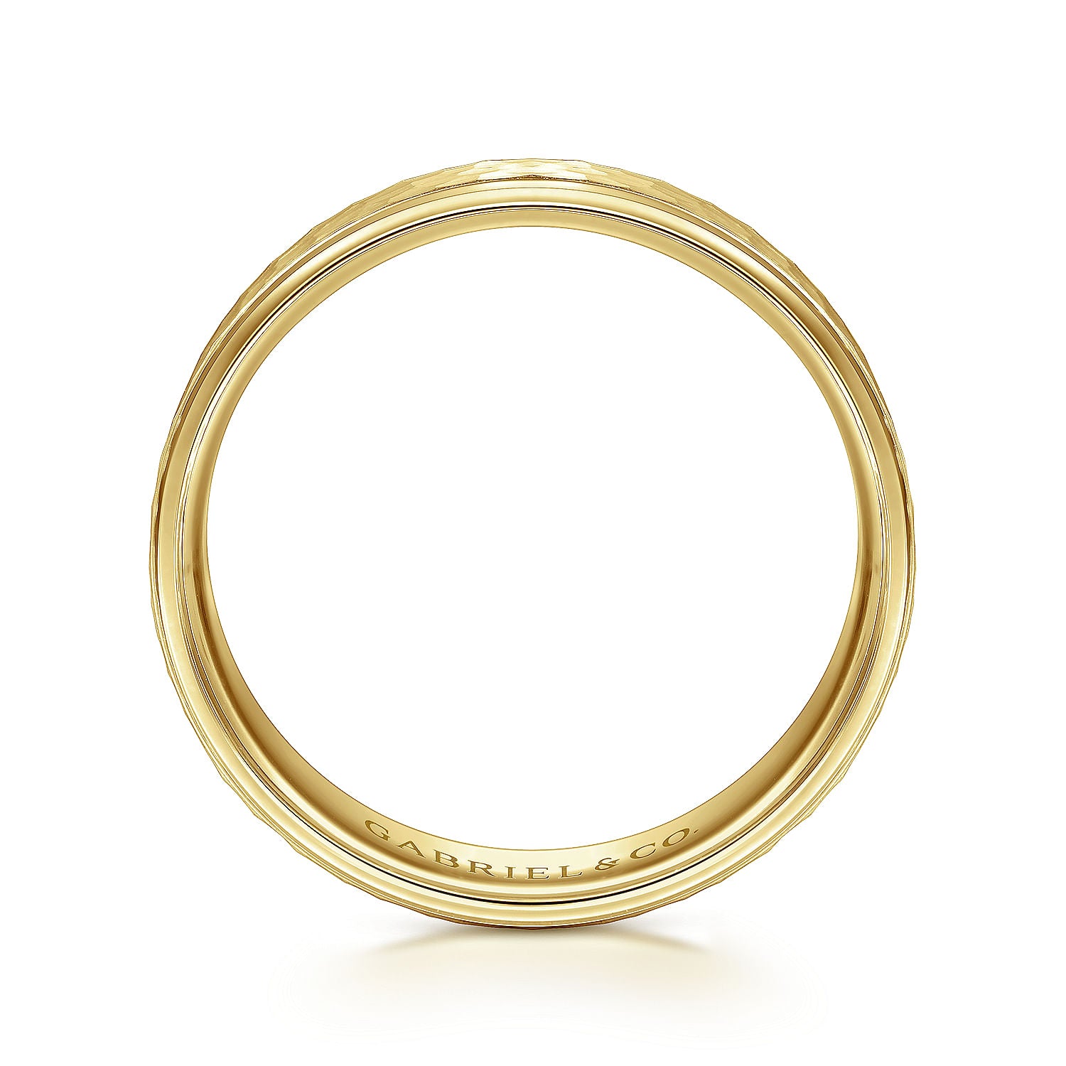 Gabriel & Co Yellow Gold Wedding Band With A Hammered Finished Center And A Polished Edge - Gold Wedding Bands - Men's