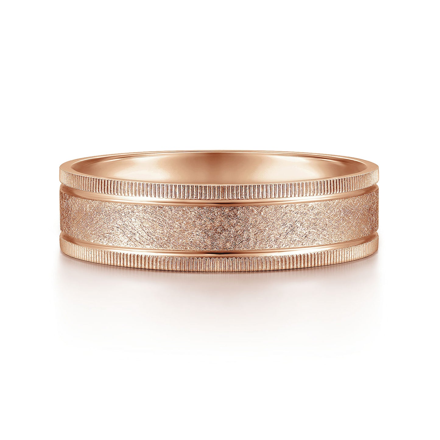 Gabriel & Co Rose Gold Wedding Band With A Sandblasted Center And Diamond Cut Edges - Gold Wedding Bands - Men's