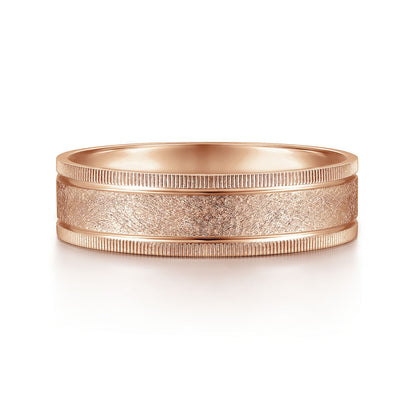 Gabriel & Co Rose Gold Wedding Band With A Sandblasted Center And Diamond Cut Edges - Gold Wedding Bands - Men's