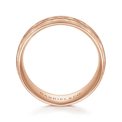 Gabriel & Co Rose Gold Wedding Band With Engraved Center Pattern, Milgrain Trim And Satin Finished Edges - Gold Wedding Bands - Men's