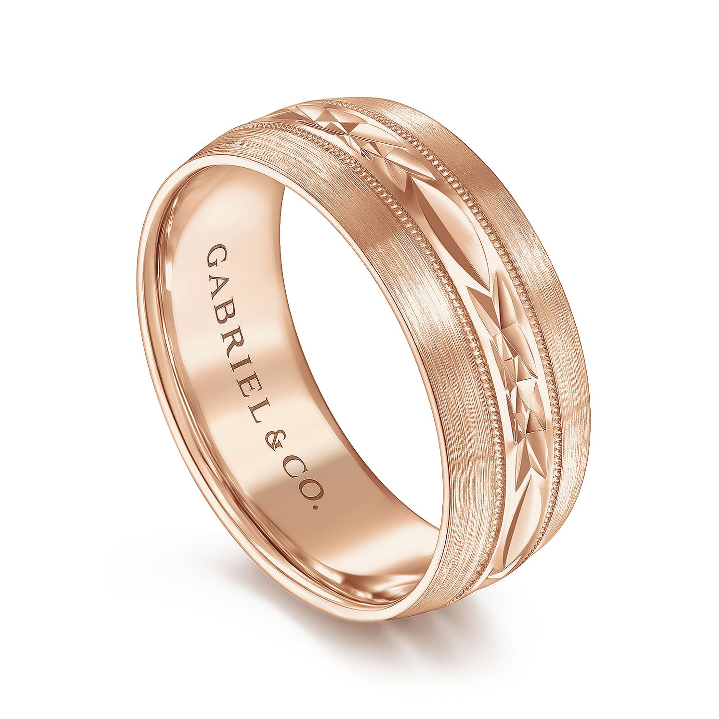 Gabriel & Co Rose Gold Wedding Band With Engraved Center Pattern, Milgrain Trim And Satin Finished Edges - Gold Wedding Bands - Men's