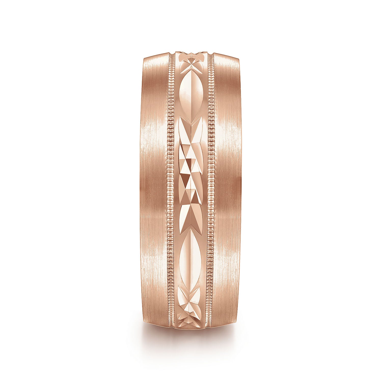 Gabriel & Co Rose Gold Wedding Band With Engraved Center Pattern, Milgrain Trim And Satin Finished Edges - Gold Wedding Bands - Men's