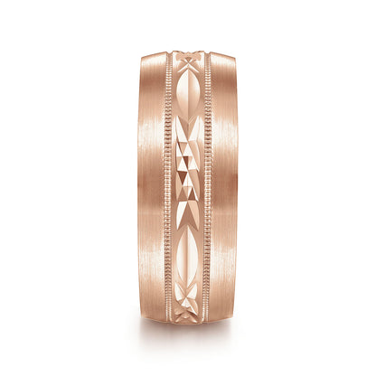 Gabriel & Co Rose Gold Wedding Band With Engraved Center Pattern, Milgrain Trim And Satin Finished Edges - Gold Wedding Bands - Men's