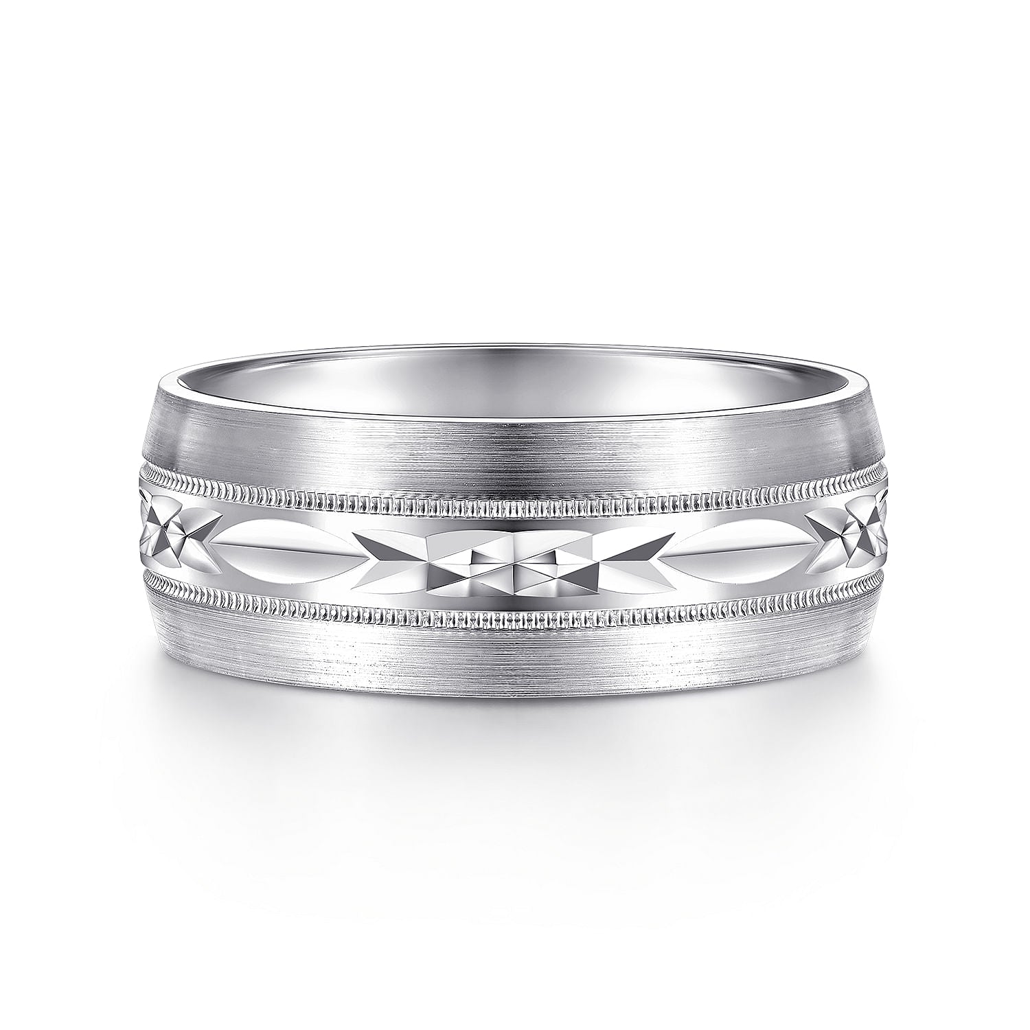 Gabriel & Co White Gold Wedding Band With Engraved Center Pattern, Milgrain Trim And Satin Finished Edges - Gold Wedding Bands - Men's