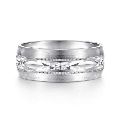 Gabriel & Co White Gold Wedding Band With Engraved Center Pattern, Milgrain Trim And Satin Finished Edges - Gold Wedding Bands - Men's