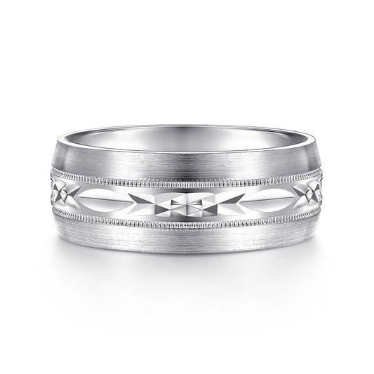 Gabriel & Co White Gold Wedding Band With Engraved Center Pattern, Milgrain Trim And Satin Finished Edges - Gold Wedding Bands - Men's