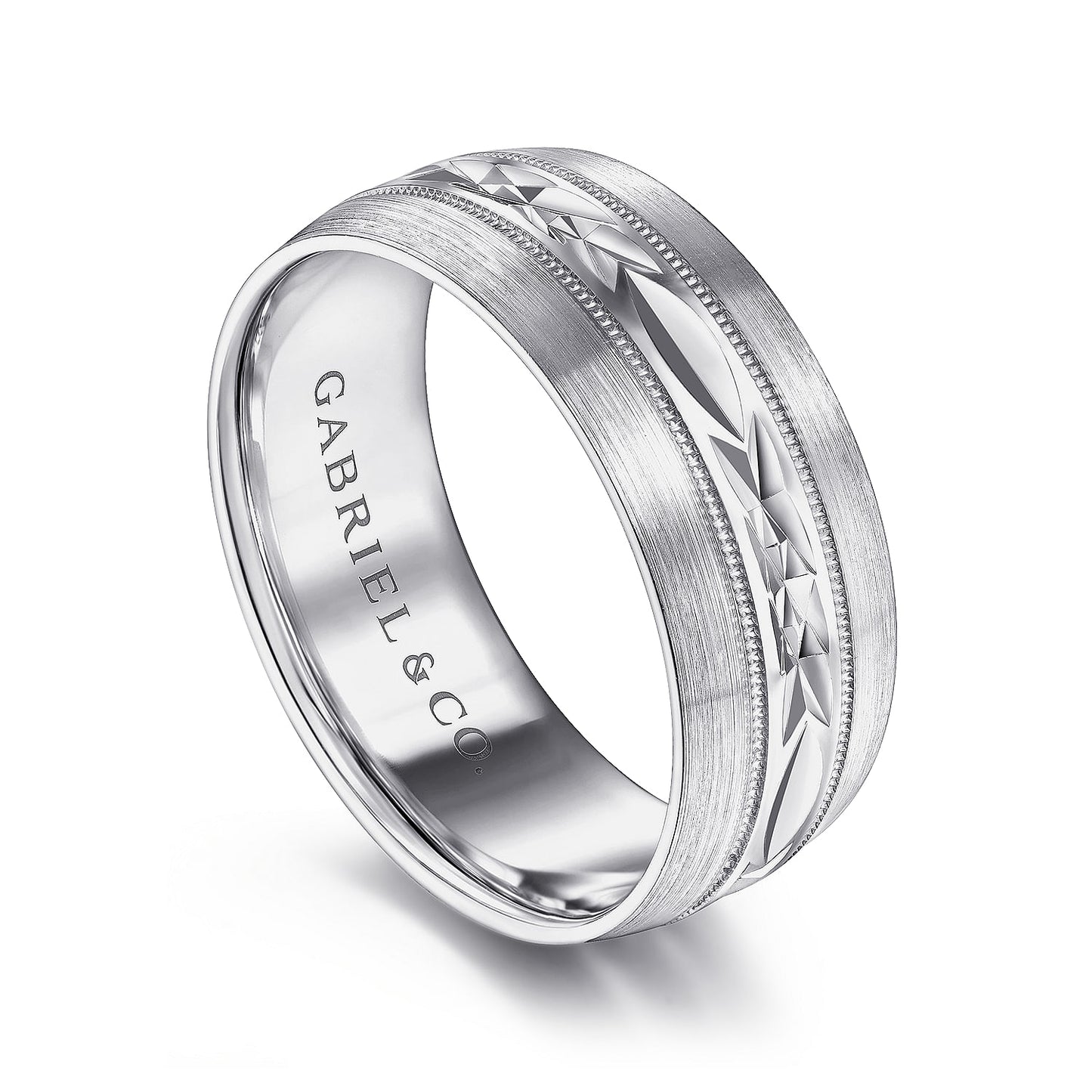 Gabriel & Co White Gold Wedding Band With Engraved Center Pattern, Milgrain Trim And Satin Finished Edges - Gold Wedding Bands - Men's