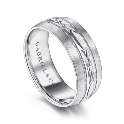 Gabriel & Co White Gold Wedding Band With Engraved Center Pattern, Milgrain Trim And Satin Finished Edges - Gold Wedding Bands - Men's