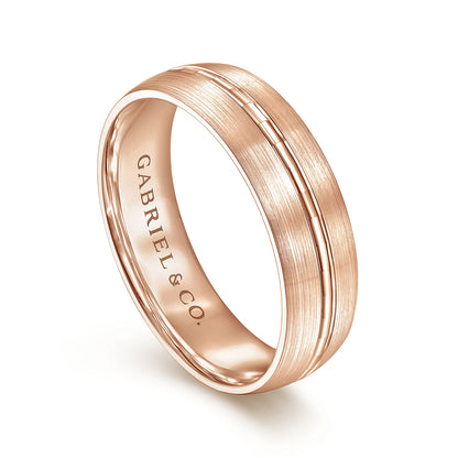 Gabriel & Co Rose Gold Wedding Band With A Stain Finish And A Engraved Channel Center - Gold Wedding Bands - Men's