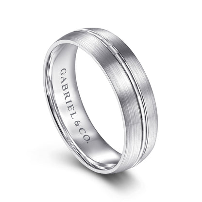 Gabriel & Co White Gold Wedding Band With A Stain Finish And A Engraved Channel Center - Gold Wedding Bands - Men's