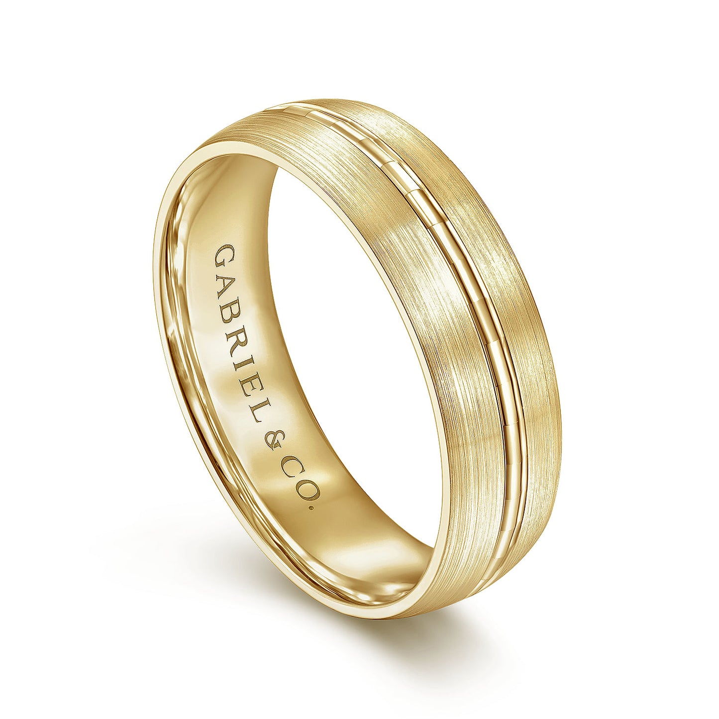 Gabriel & Co Yellow Gold Wedding Band With A Stain Finish And A Engraved Channel Center - Gold Wedding Bands - Men's