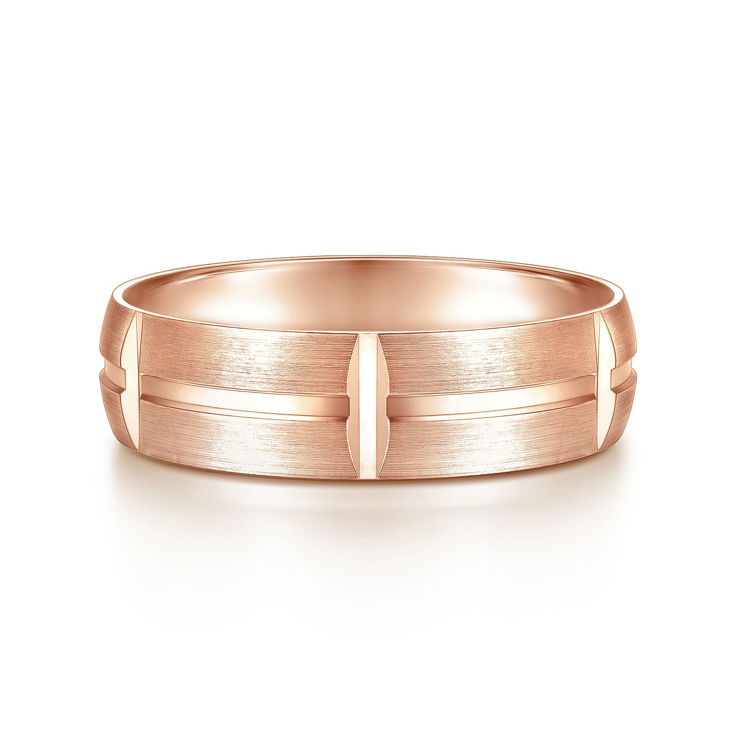 Gabriel & Co Rose Gold Wedding Band With A Satin Finish And Linear Engraved Stations - Gold Wedding Bands - Men's