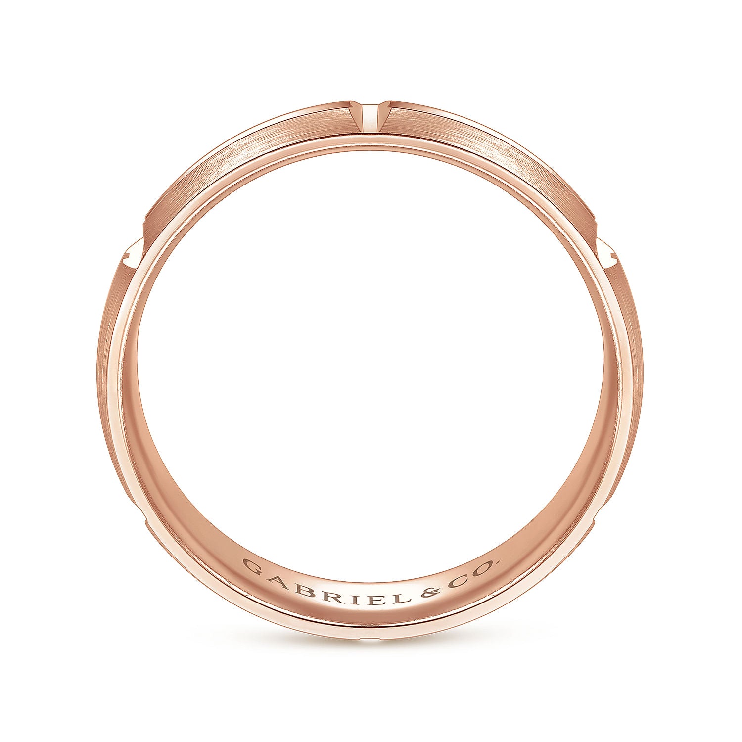 Gabriel & Co Rose Gold Wedding Band With A Satin Finish And Linear Engraved Stations - Gold Wedding Bands - Men's