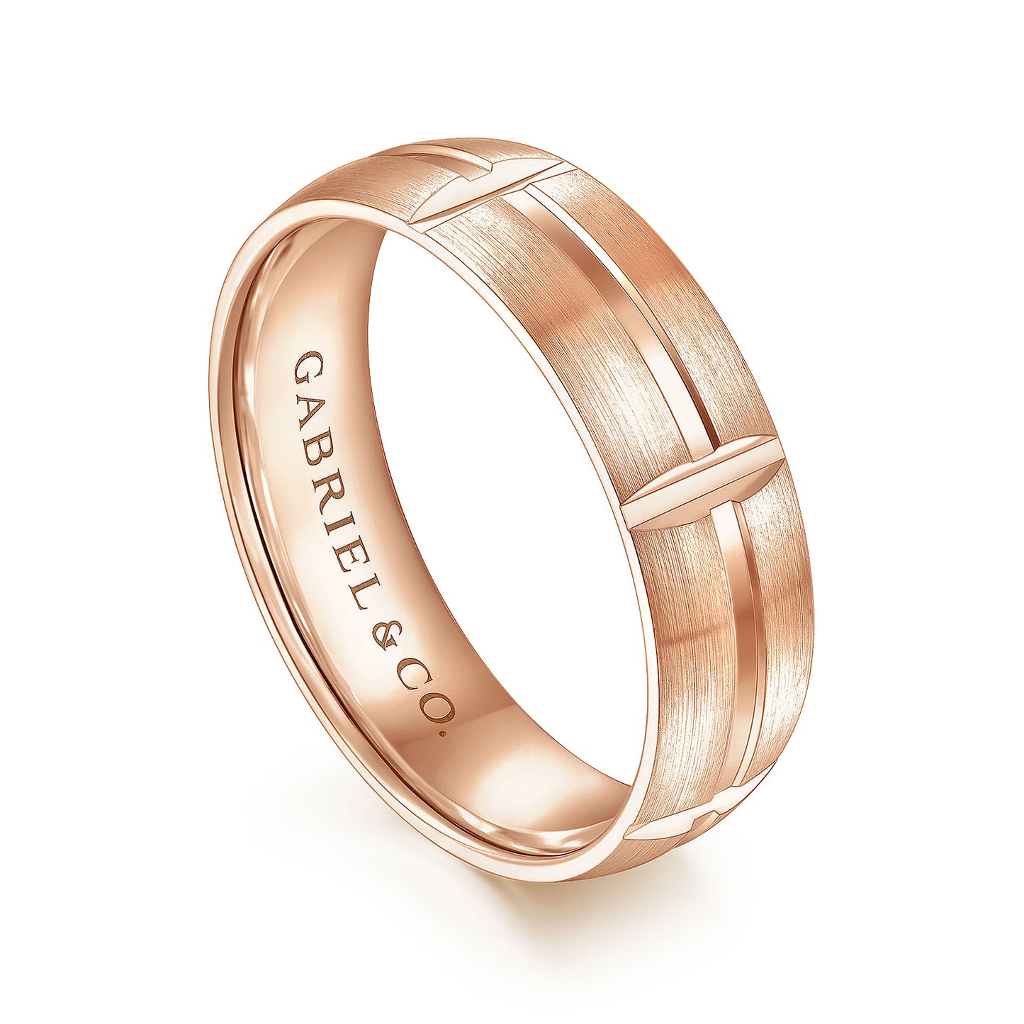 Gabriel & Co Rose Gold Wedding Band With A Satin Finish And Linear Engraved Stations - Gold Wedding Bands - Men's