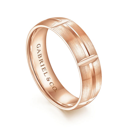 Gabriel & Co Rose Gold Wedding Band With A Satin Finish And Linear Engraved Stations - Gold Wedding Bands - Men's