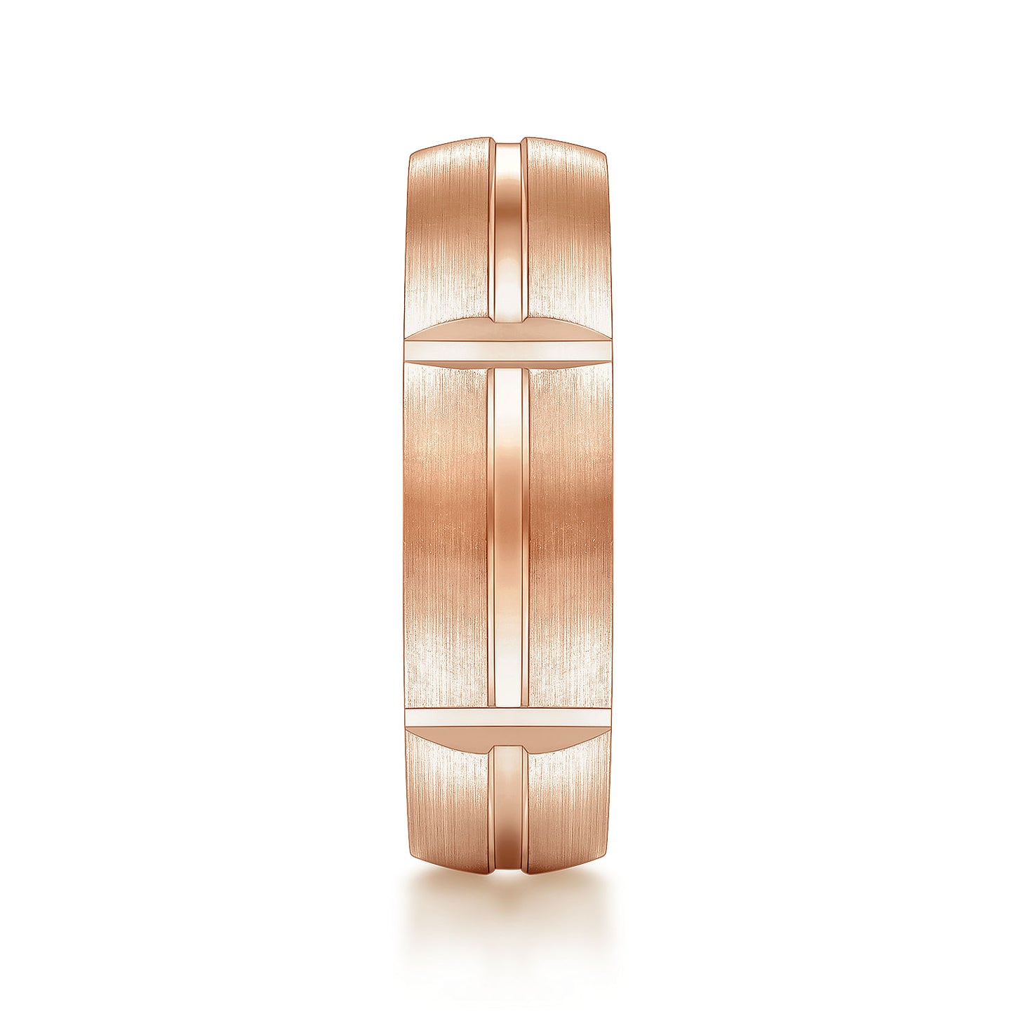 Gabriel & Co Rose Gold Wedding Band With A Satin Finish And Linear Engraved Stations - Gold Wedding Bands - Men's