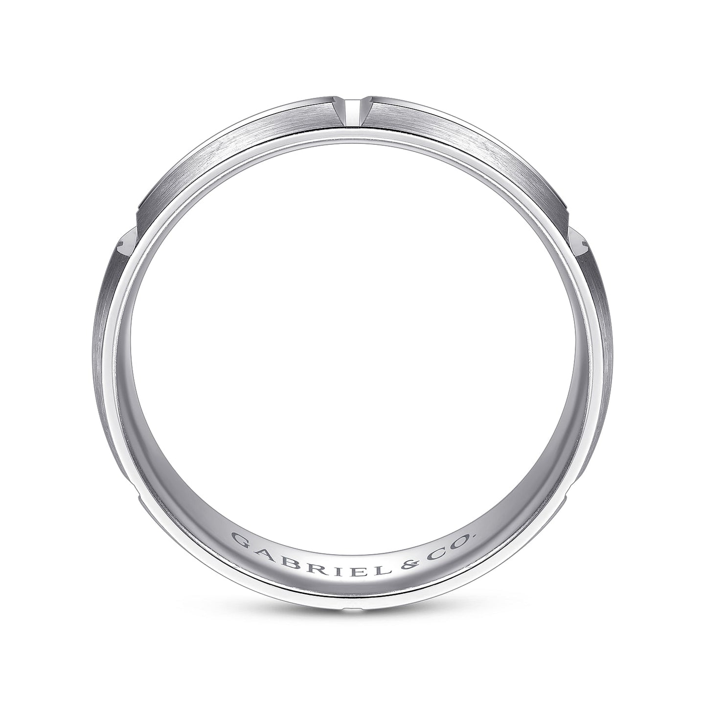 Gabriel & Co White Gold Wedding Band With A Satin Finish And Linear Engraved Stations - Gold Wedding Bands - Men's