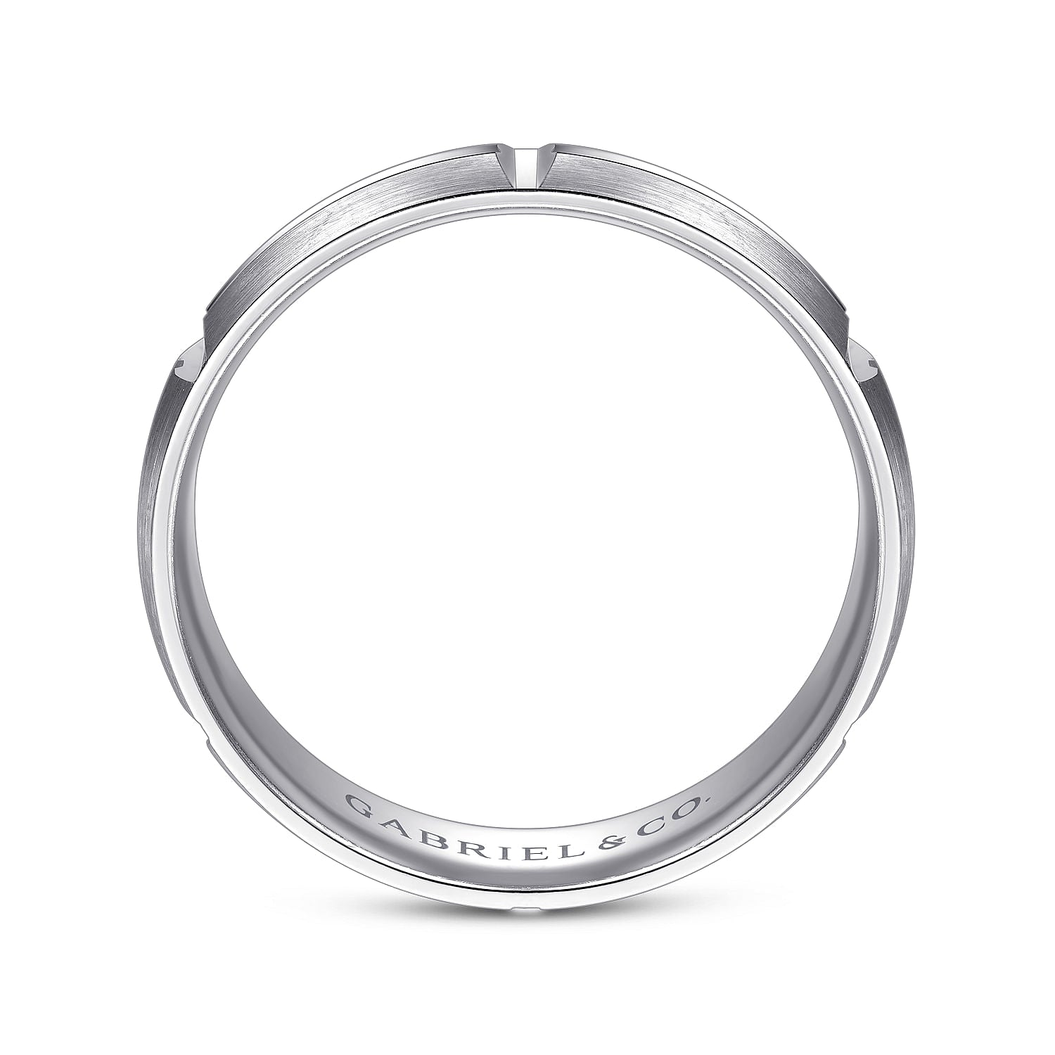 Gabriel & Co White Gold Wedding Band With A Satin Finish And Linear Engraved Stations - Gold Wedding Bands - Men's