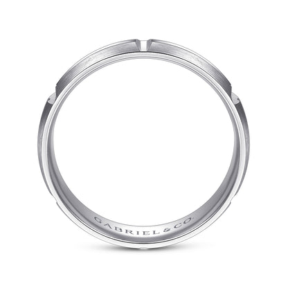 Gabriel & Co White Gold Wedding Band With A Satin Finish And Linear Engraved Stations - Gold Wedding Bands - Men's