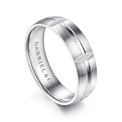 Gabriel & Co White Gold Wedding Band With A Satin Finish And Linear Engraved Stations - Gold Wedding Bands - Men's