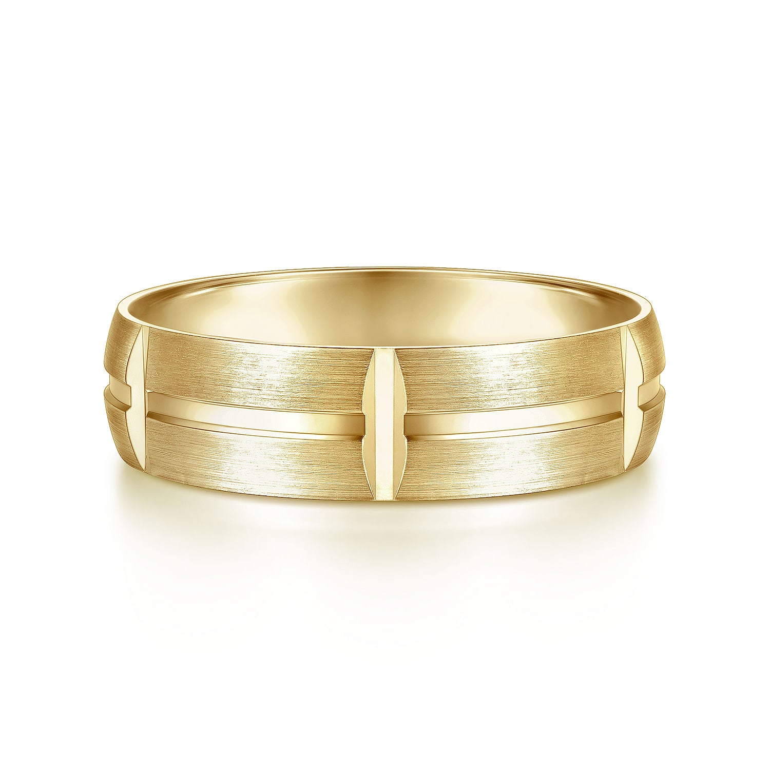 Gabriel & Co Yellow Gold Wedding Band With A Satin Finish And Linear Engraved Stations - Gold Wedding Bands - Men's