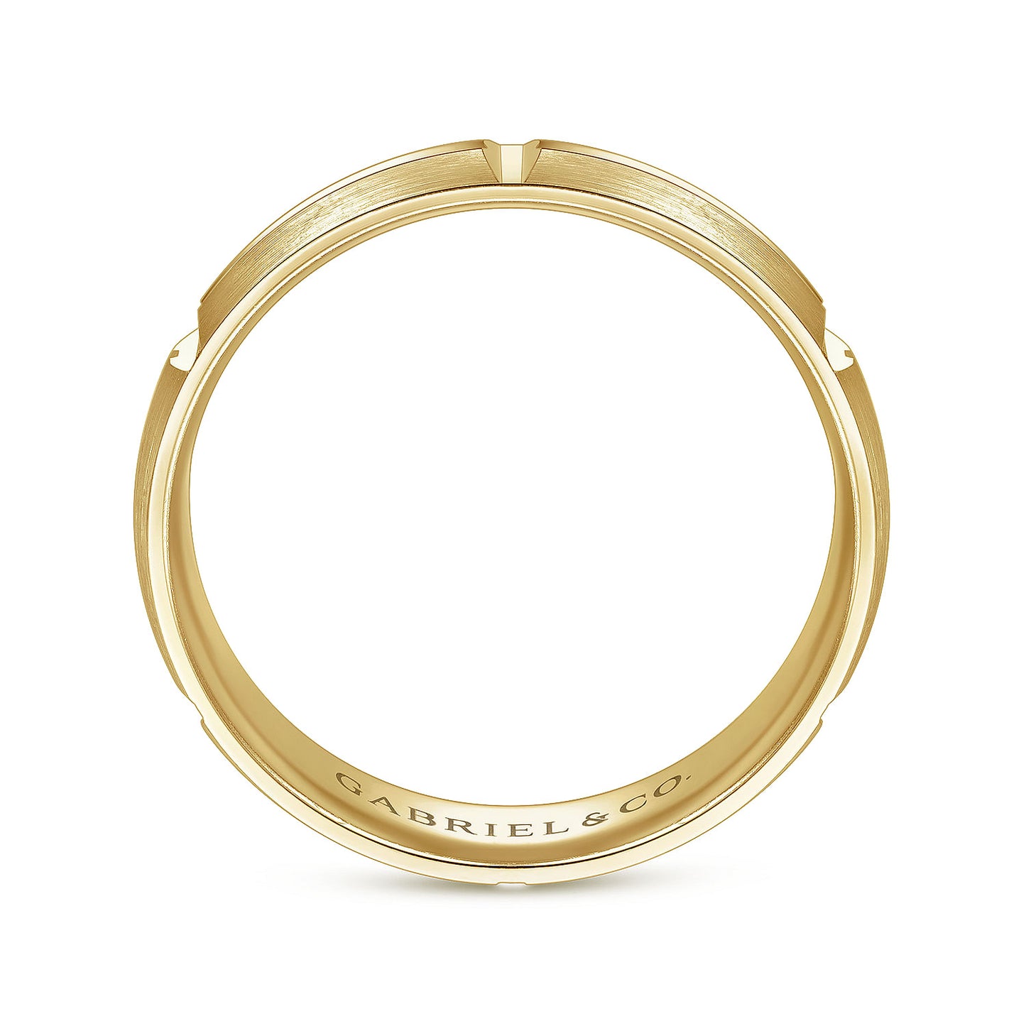 Gabriel & Co Yellow Gold Wedding Band With A Satin Finish And Linear Engraved Stations - Gold Wedding Bands - Men's